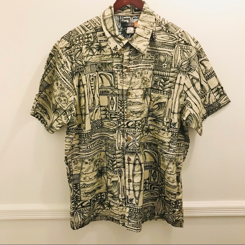 Quiksilver Hawaiian Tiki Button Down Shirt Large Green Tan Cream surfboard fish